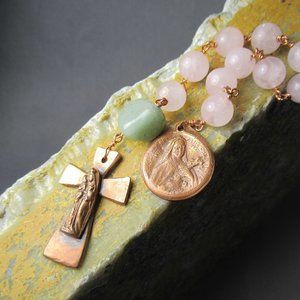 Rain of Roses Pocket Rosary, St Theresa Rose Quartz and Copper